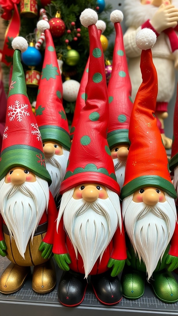 A collection of painted Christmas gnomes in various colors and designs, surrounded by holiday decorations.